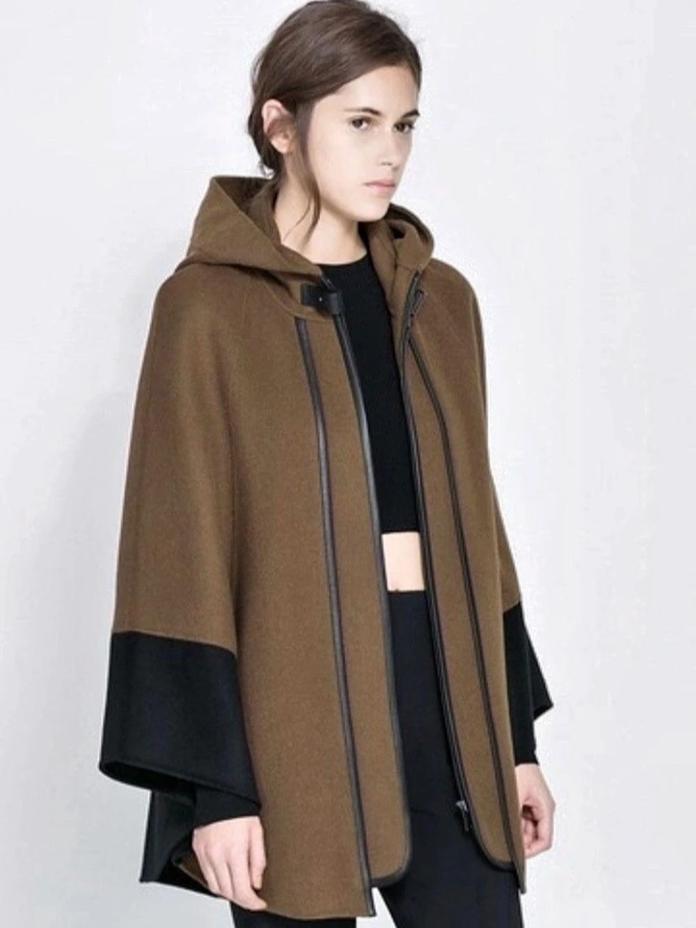 Zara Wool Blend Hooded Cape Brown & Black - Picture 2 of 9